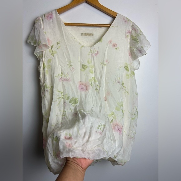 Y2K Giusy Made in Italy Top Blouse L 100% Silk Floral Lightweight Butter White - Picture 4 of 13